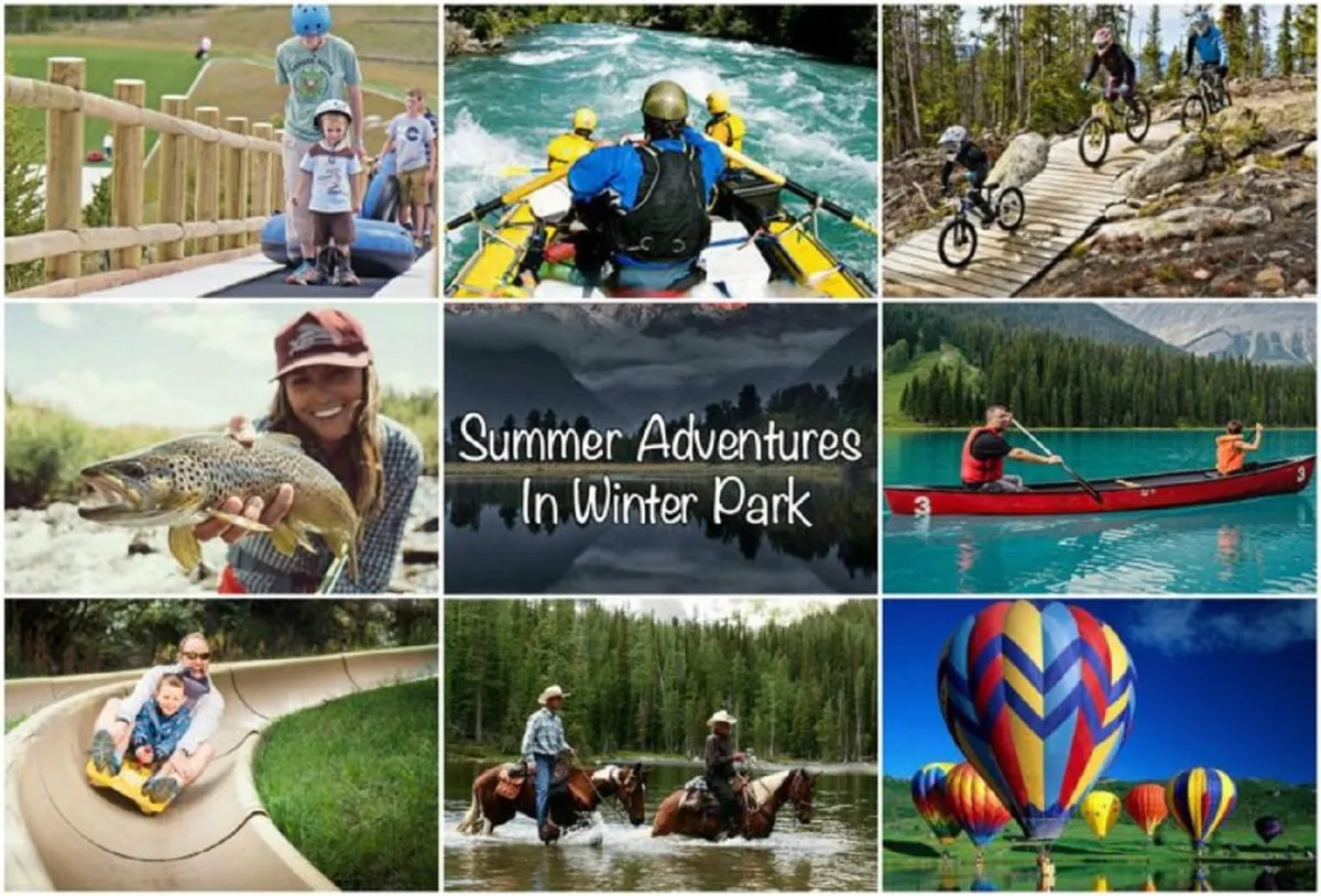 Families are seen enjoying a variety of outdoor activities including rafting, biking, fishing, canoeing, horseback riding, and even hot air ballooning, all set against a backdrop of impressive mountain landscapes. The scene vibrantly conveys action, energy, and a wide range of recreational options.